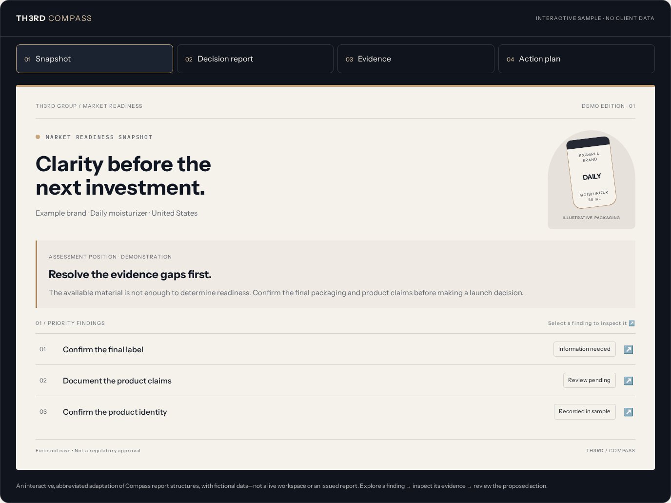 Compass sample snapshot with a decision summary, findings and access to evidence and actions.