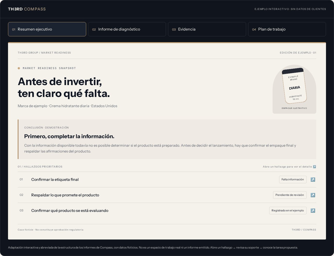 Resumen ejecutivo de ejemplo de Compass, con conclusión, hallazgos y acceso a evidencia y tareas.